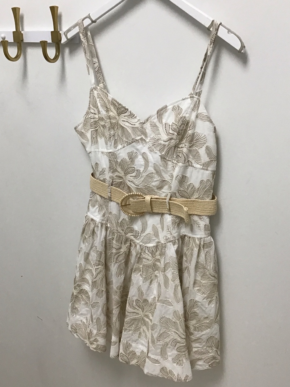 Kristy Floral Embroidered Spaghetti Strap Dress with Woven Belt - Cream & Tan